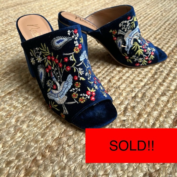 Nanette Lepore Shoes - SOLD! Nanette Lepore Blue Velvet Embroidered Mules Size 7.5